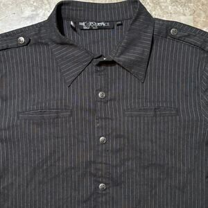 Lip Service Shirt Mens 2XL Grey Gangster Prankster Pinstriped Iron Cross Grunge
